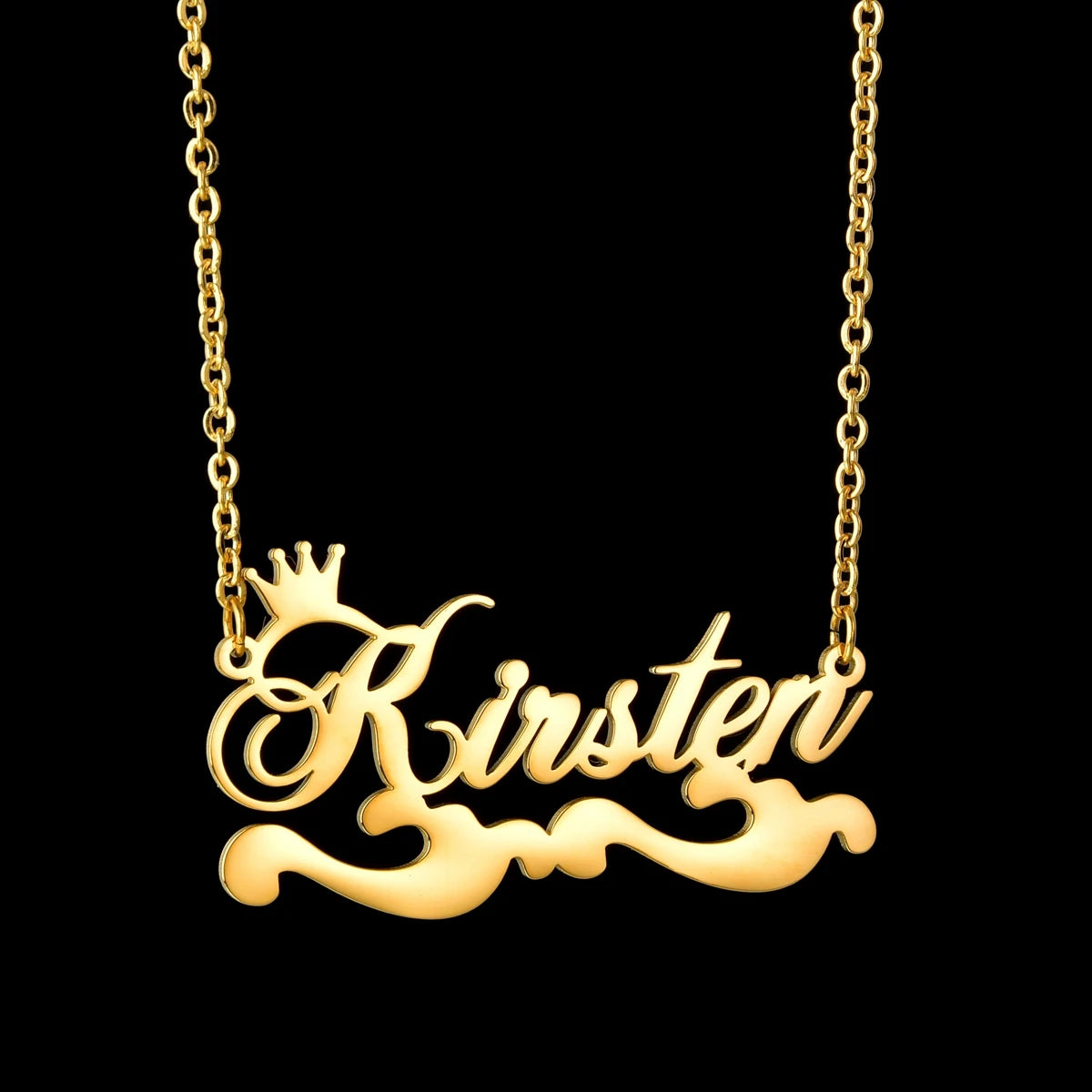 Gold necklace with 'Kirsten' pendant on a black background