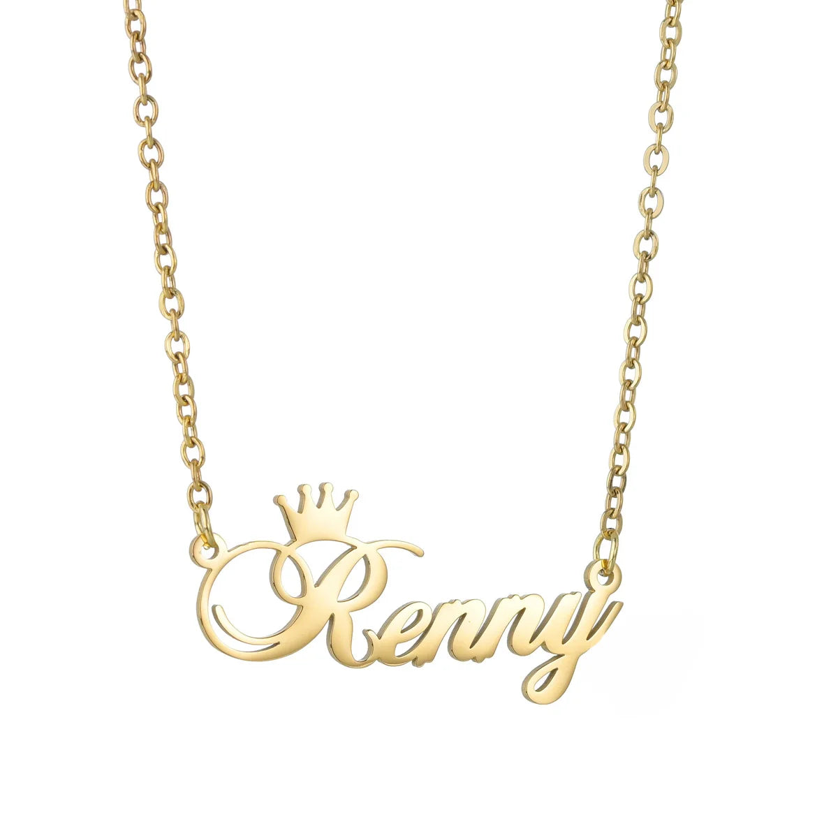 Gold necklace with 'Renny' pendant on a white background