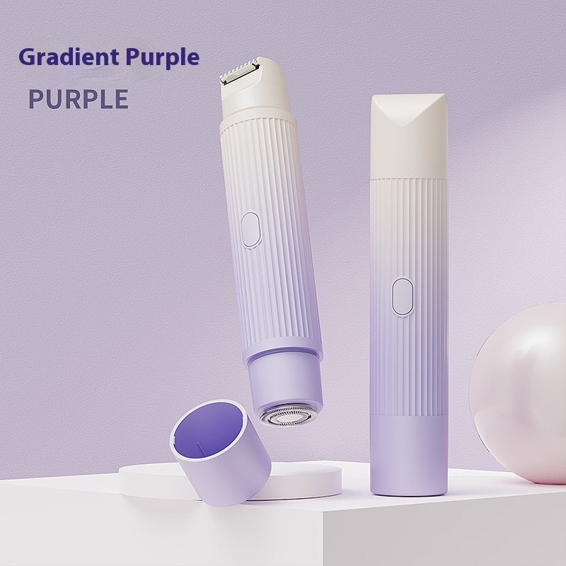 A pink dual-head electric shaver designed for painless hair removal on the whole body, including the arm pit, leg, beard, chest, lip, and hand area. The device is USB-powered and features automatic hair trimming capabilities.