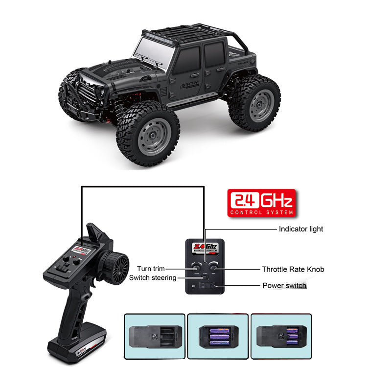 Black remote control truck with a detailed diagram of the remote control and its features on a white background.