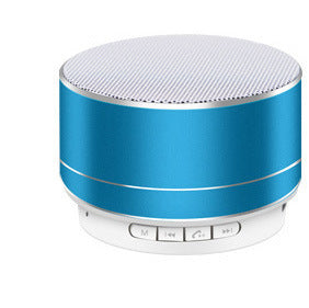 Blue wireless Bluetooth speaker with sleek metallic finish and control buttons.