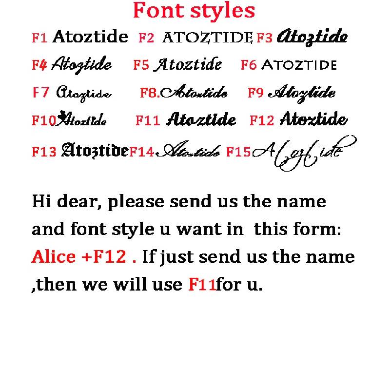 Display of various font styles labeled F1 to F15 on a white background.