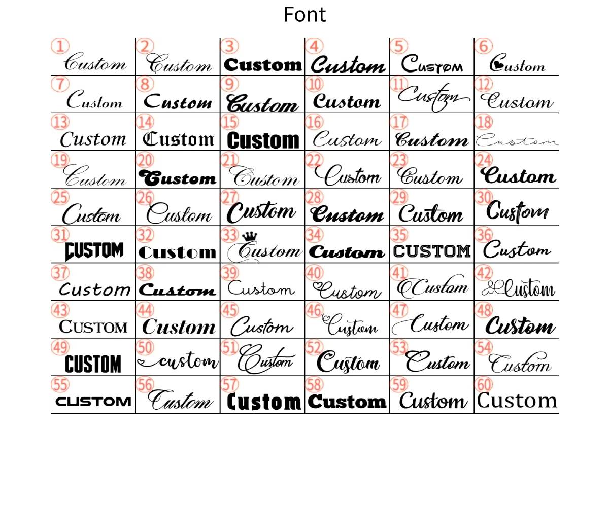 Table displaying various custom font styles with 'Custom' text.