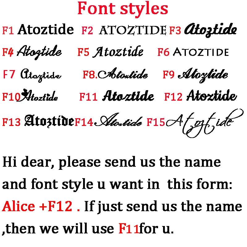Display of various font styles labeled F1 to F15 on a white background.