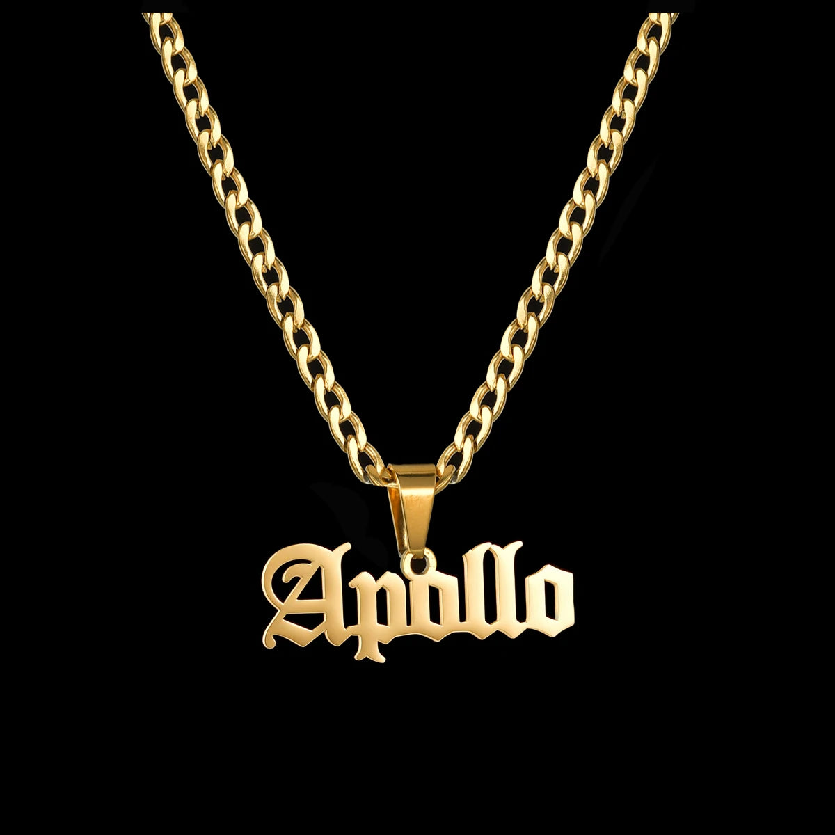 Gold necklace with 'Apollo' pendant on a black background