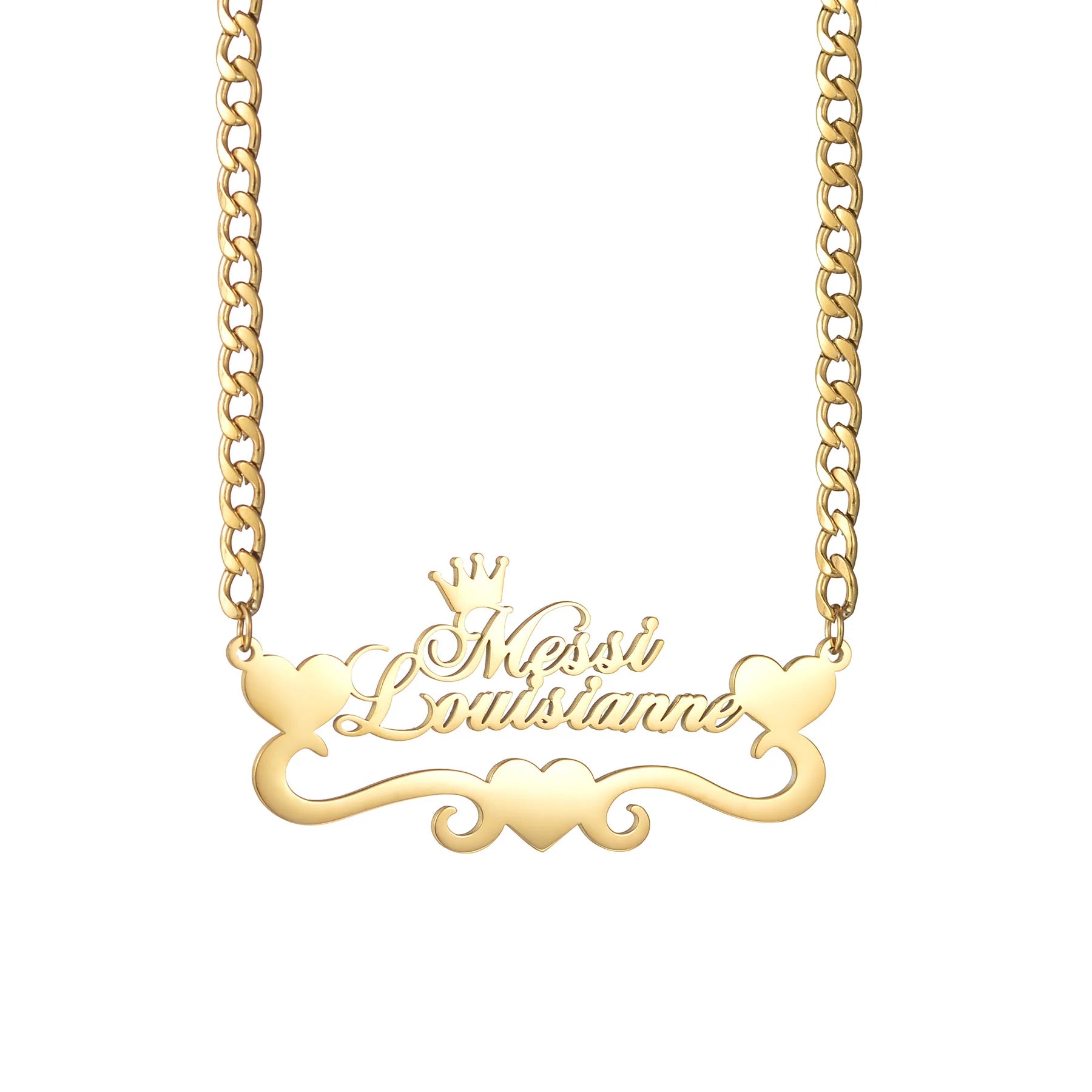 Gold necklace with 'Miss Louisiana' engraving on a white background