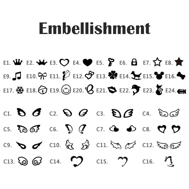 Collection of black embellishment symbols on a white background with 'Embellishment' text at the top.
