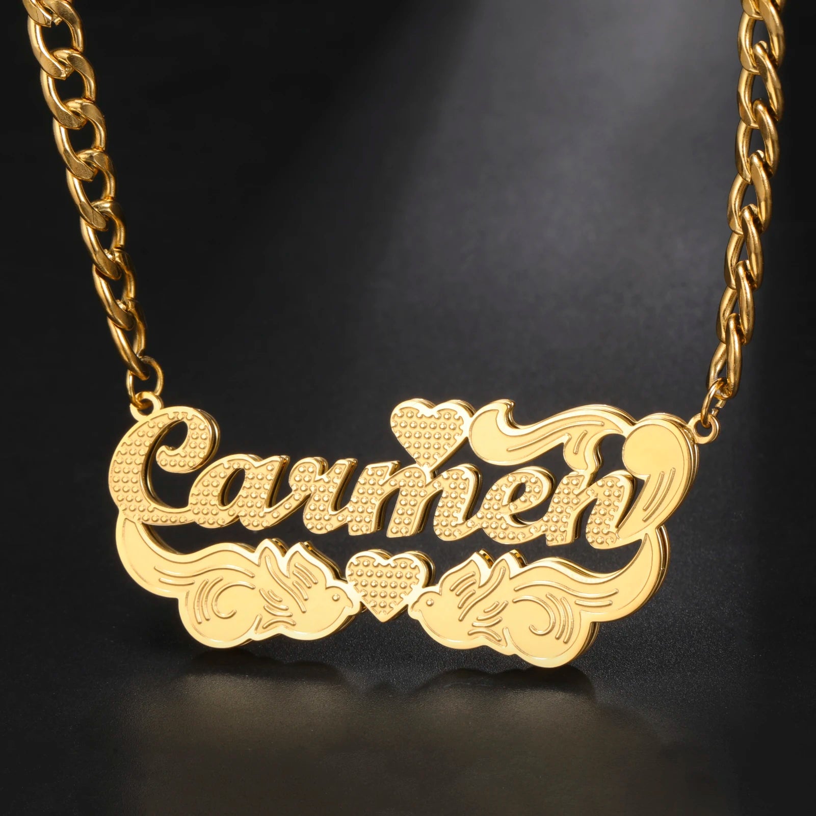 Gold necklace with 'Lawren' pendant on a dark background