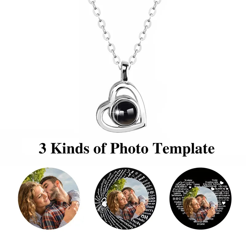 Heart-shaped pendant with customizable photo templates on a white background