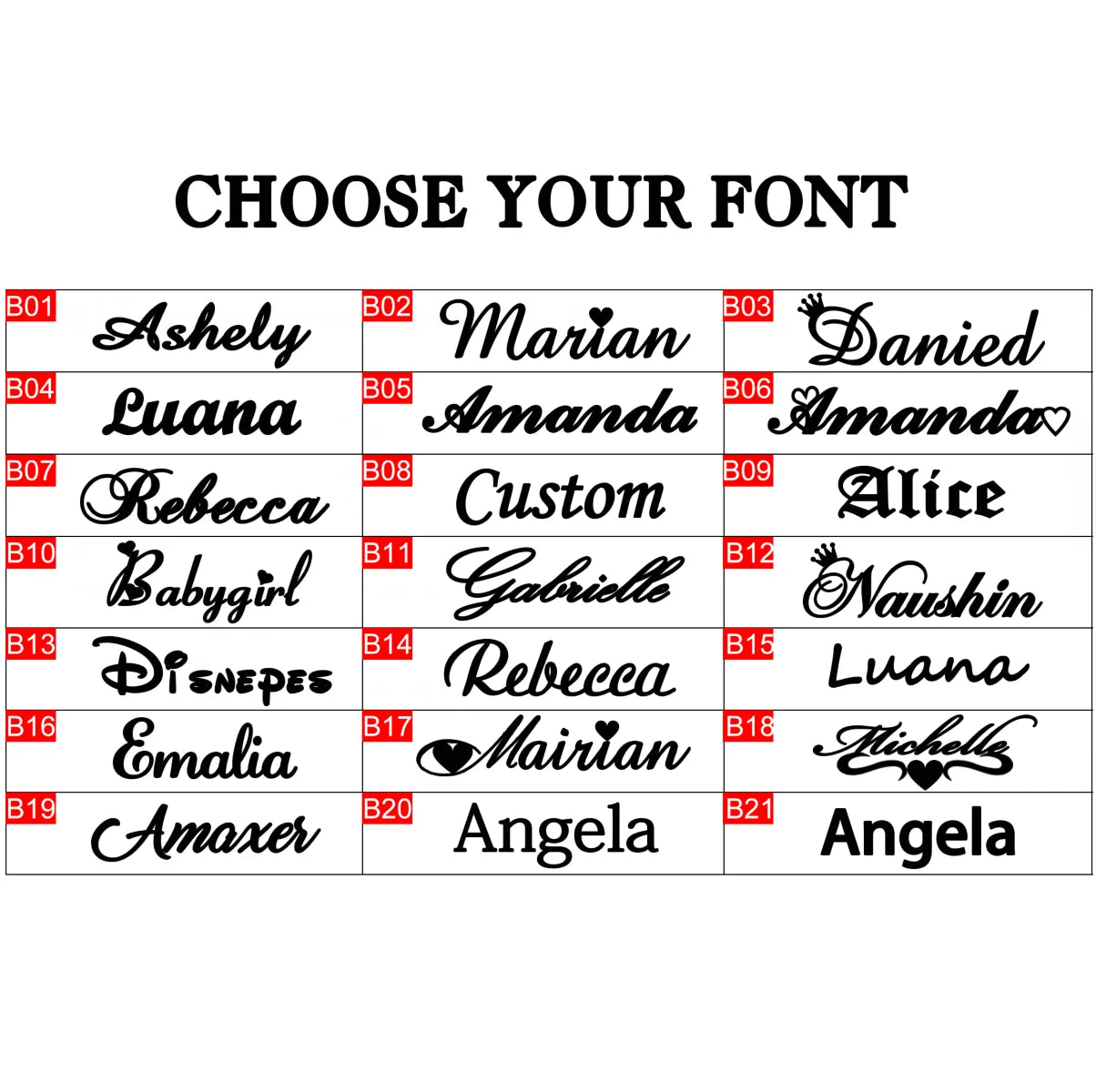 Font selection chart with various font styles and names on a white background