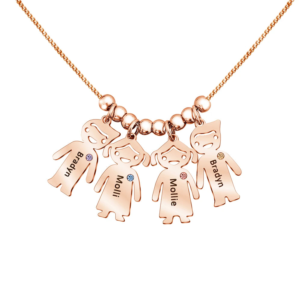 Rose gold necklace with four child-shaped pendants on a white background