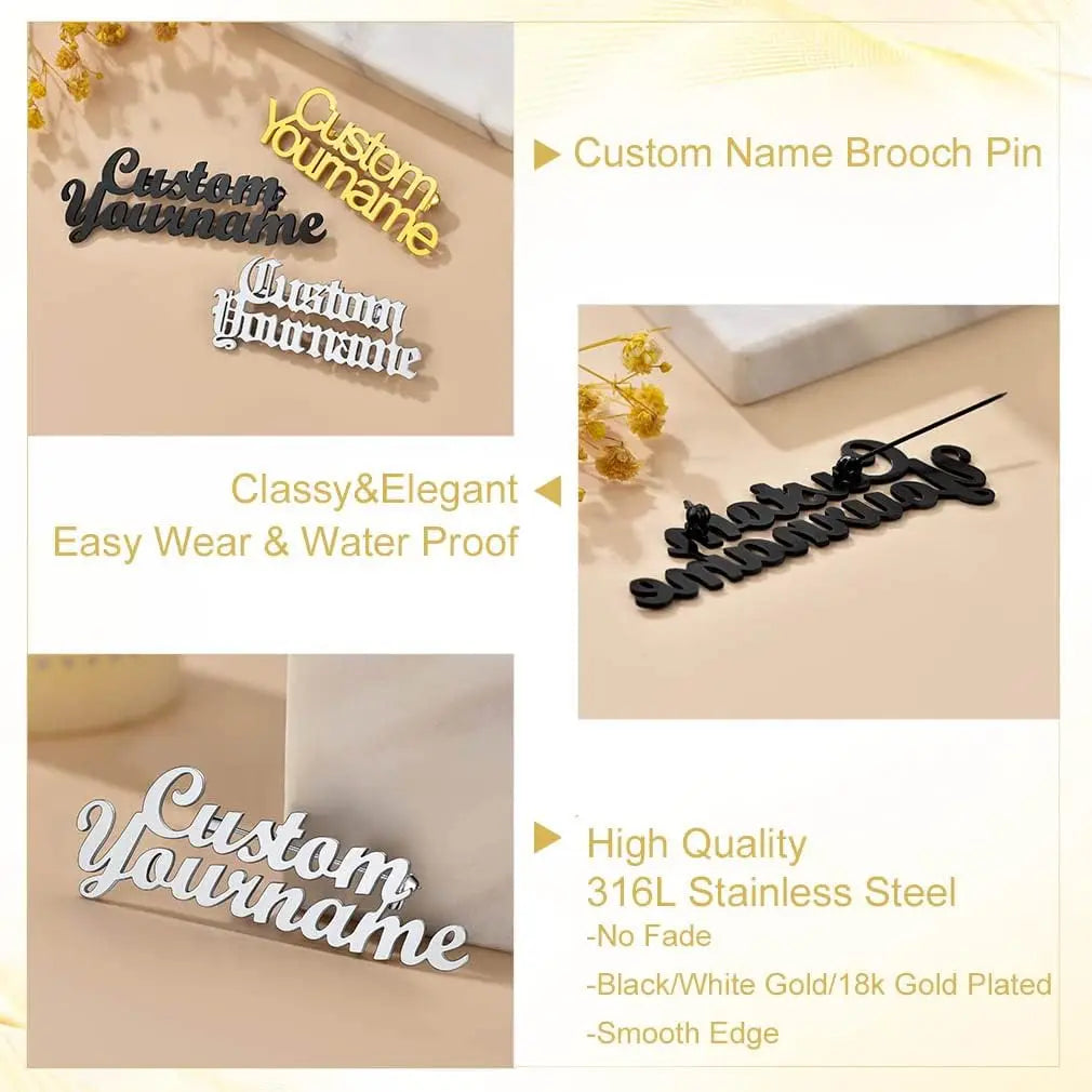 Custom name brooch pins with text 'Custom Yourname' on a beige background.