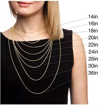 Woman wearing necklaces of different lengths with measurement labels on a black background