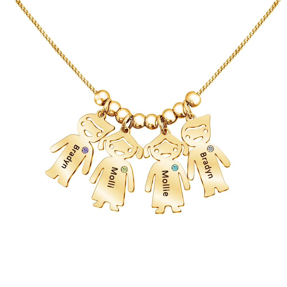 Gold necklace with four child-shaped pendants on a white background