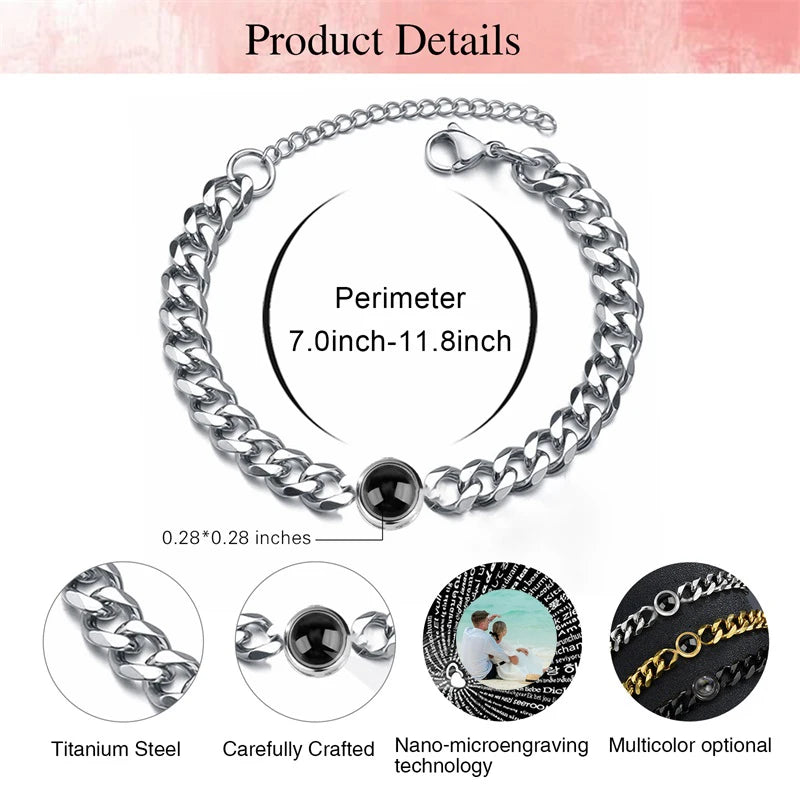 Silver chain bracelet with product details on a white background