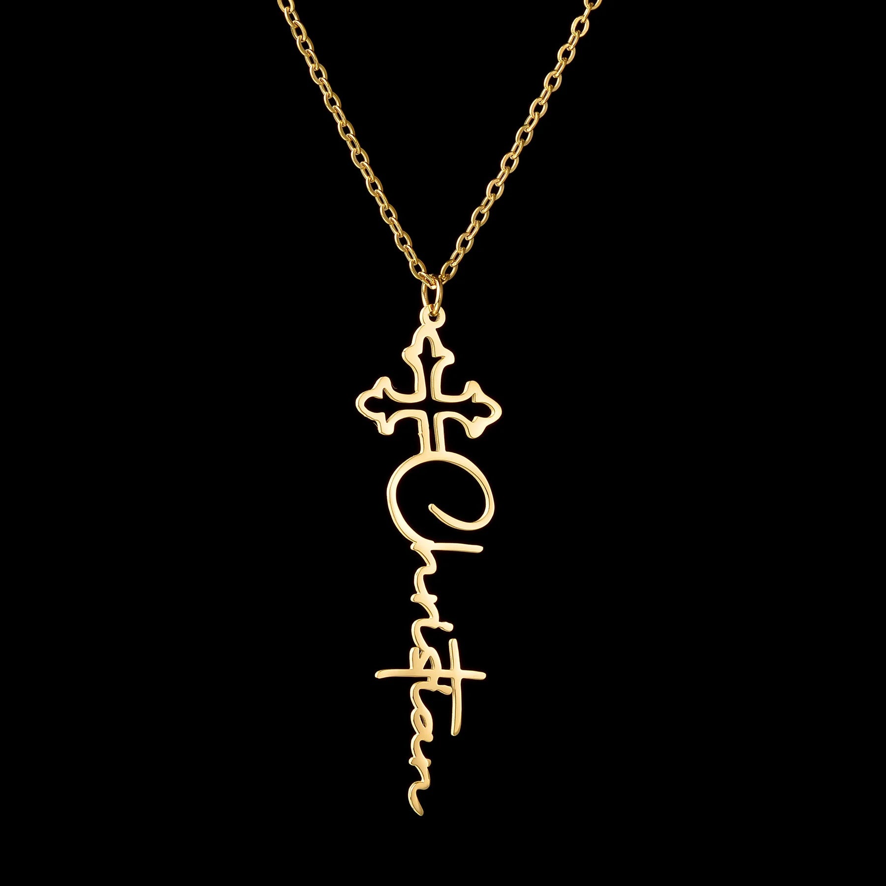 Gold cross-shaped necklace with 'Christian' engraving on a black background