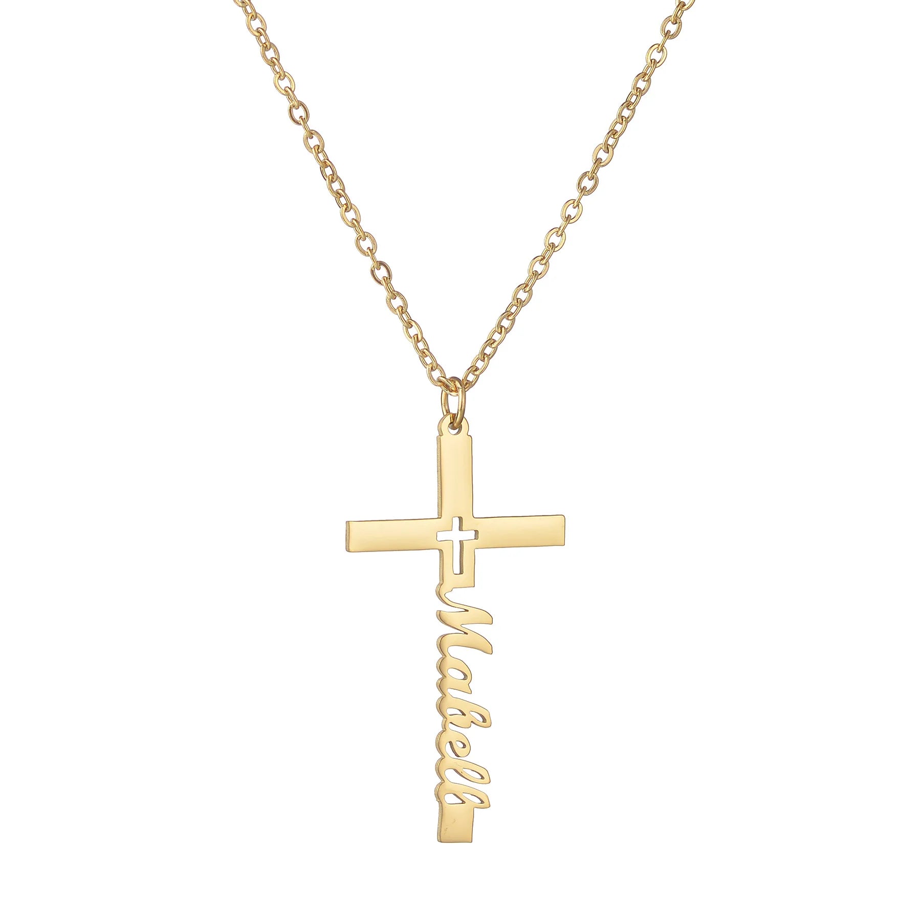Gold cross necklace with 'Mabel' engraved on a white background