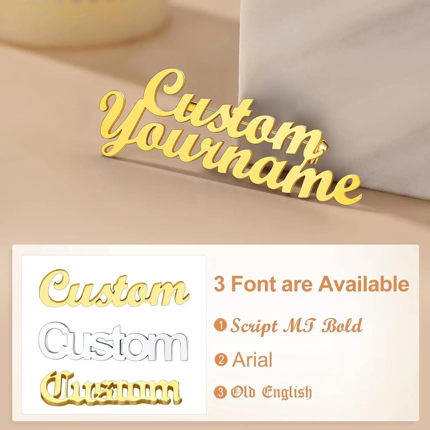 Gold 'Custom Yourname' decorative item with font options on a beige background