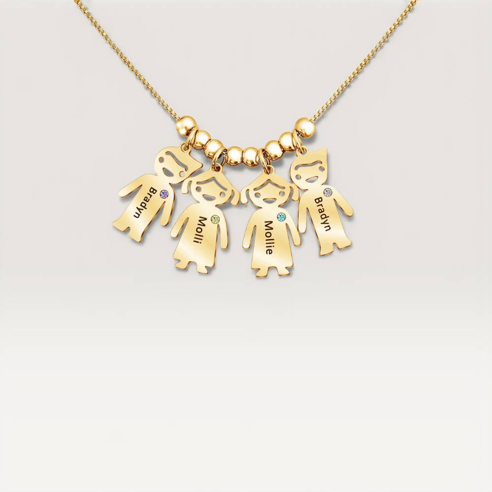 Gold necklace with five child-shaped charms on a light gray background