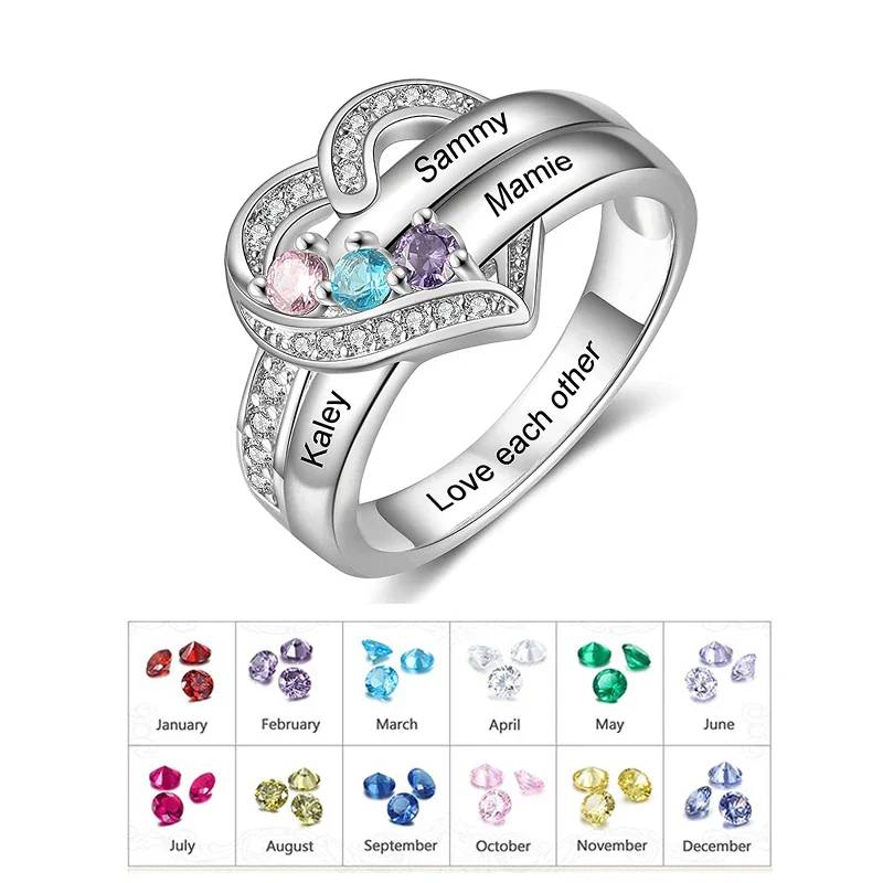 Silver ring with colorful gemstones and engraved names on a white background