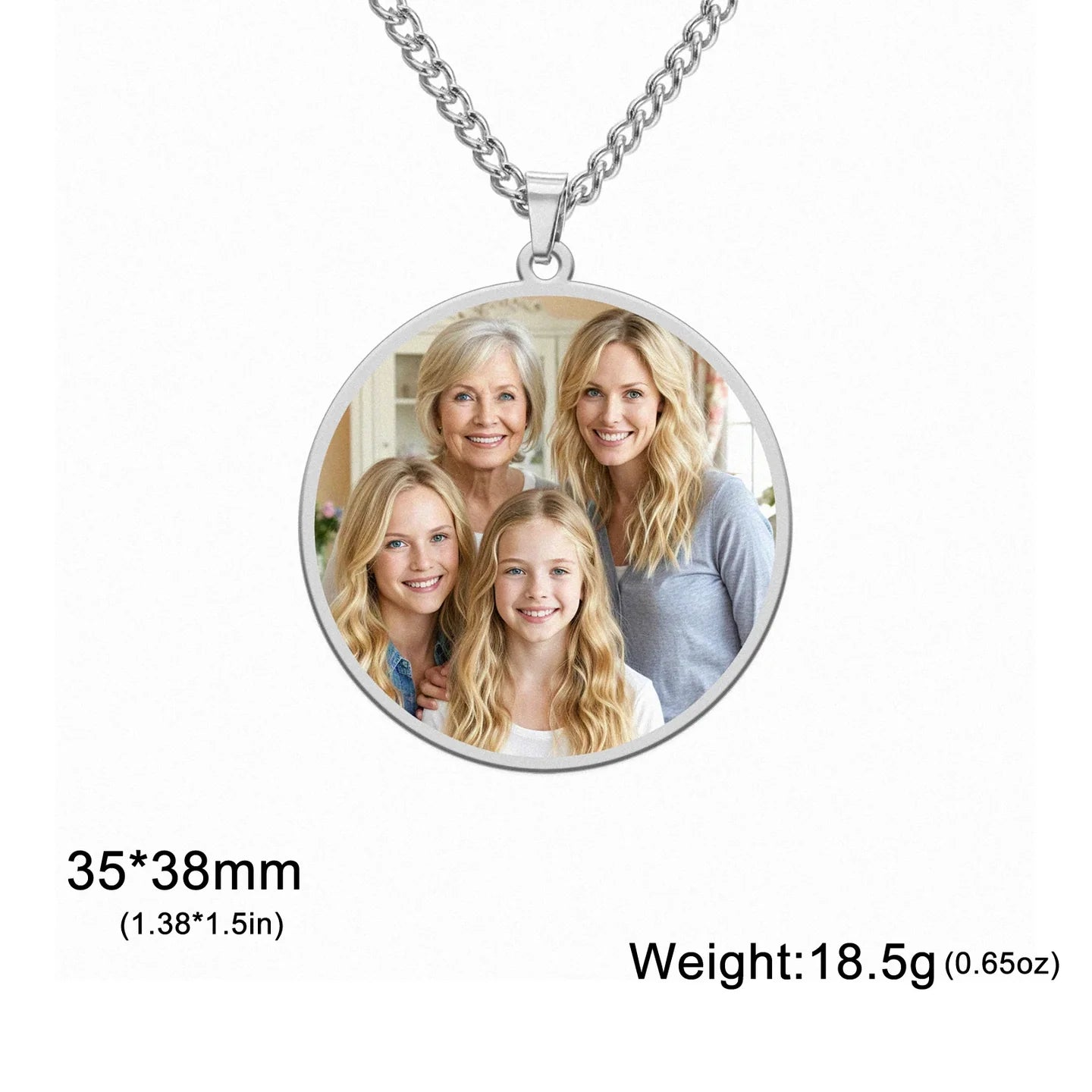 Round necklace pendant with a family photo on a white background