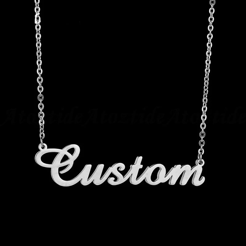 Silver 'Custom' necklace on a black background