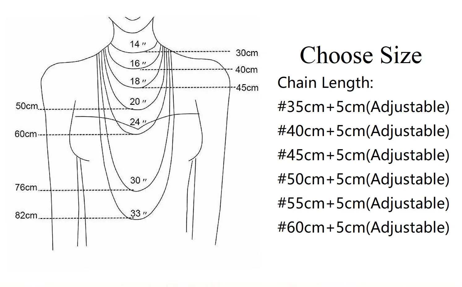 Measurement chart for necklace chain lengths on a person's neck with adjustable options.