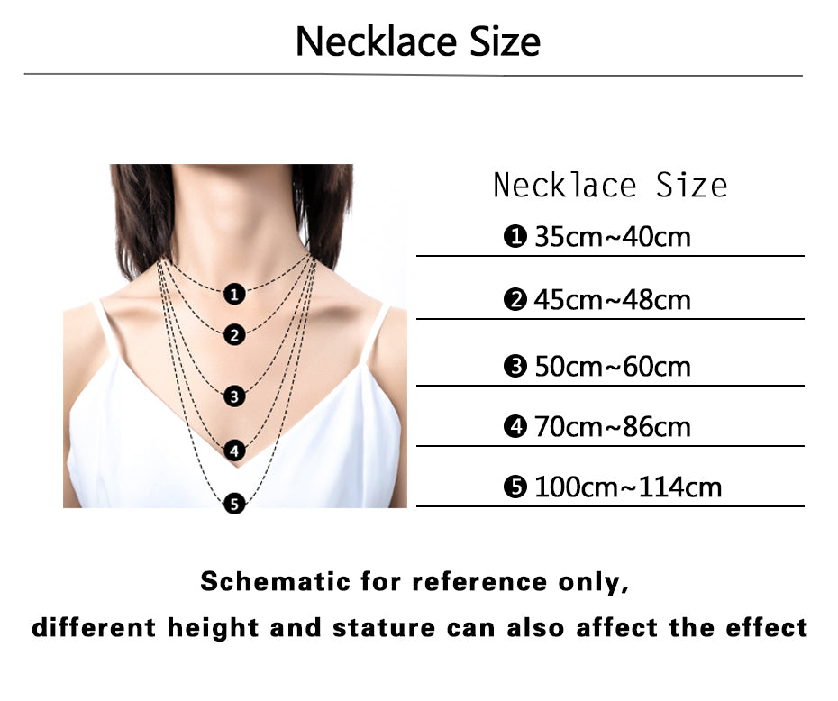 Necklace size chart with measurements displayed on a person wearing a necklace.