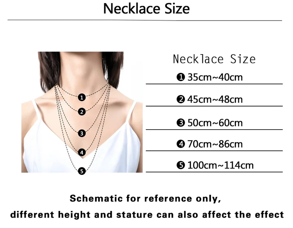 Necklace size chart with a model wearing necklaces and measurements.