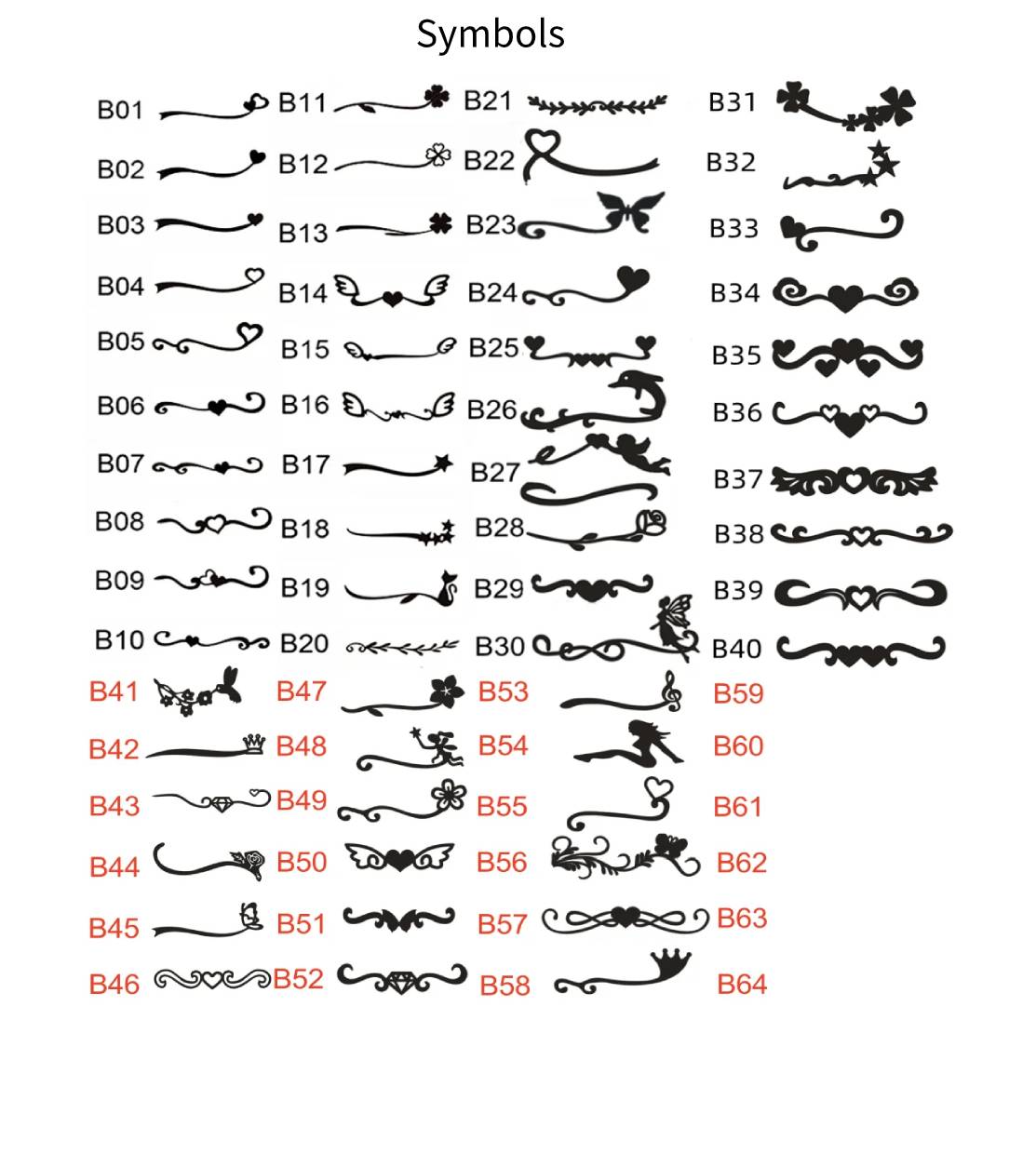 Collection of decorative symbols labeled with numbers on a white background