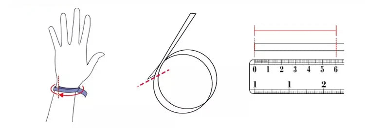 Illustration of a glove with a band, a close-up of the band, and a ruler for measurement.